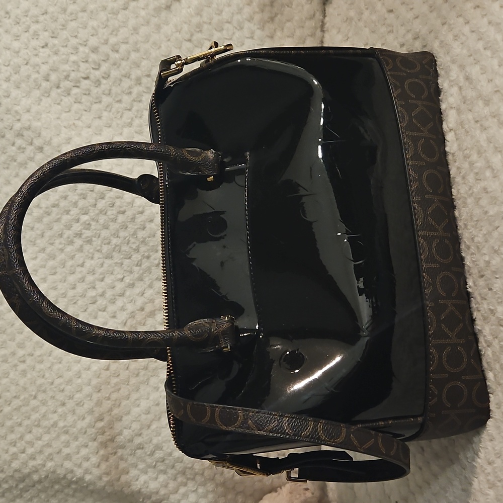 Calvin Klein Glossy Patent Leather Brand Monogram Brown Sachel - Picture 4 of 16